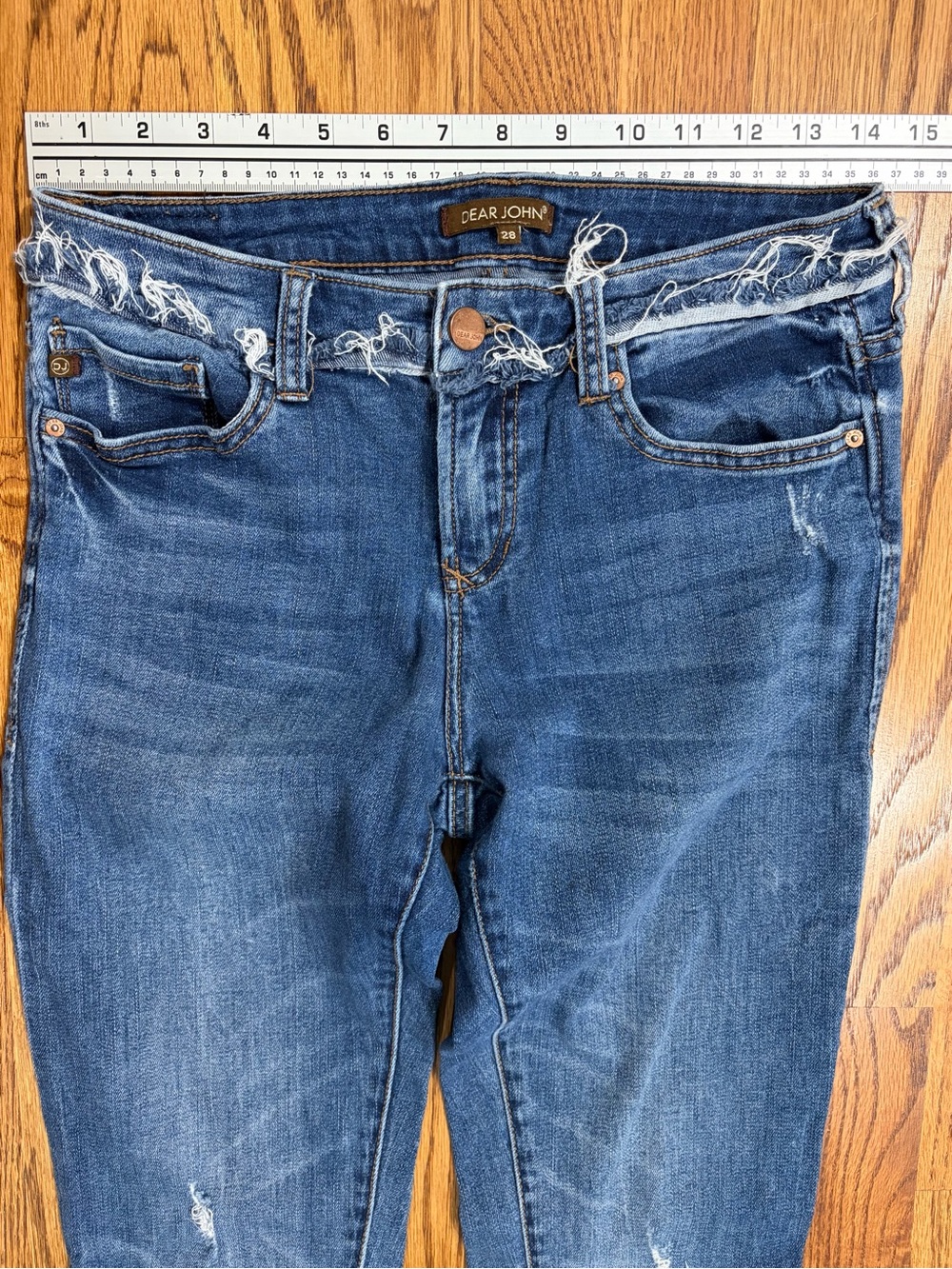Dear John Distressed Frayed Waistband & Hem Flare Denim Blue Jeans (28) - Picture 4 of 7